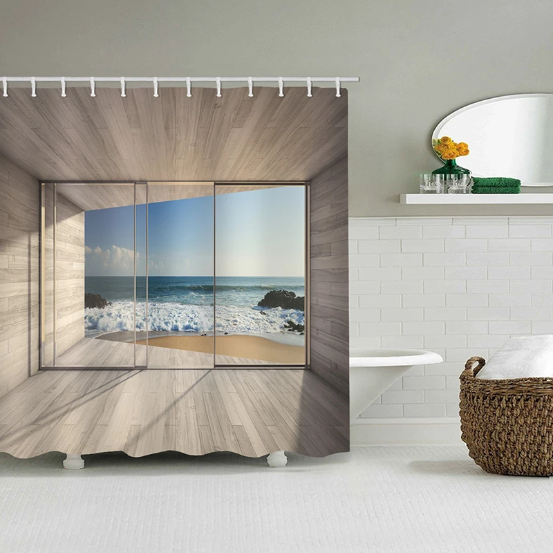 Занавески для душа водонепроницаемые море снаружи стекло пейзаж лето кокосовое
