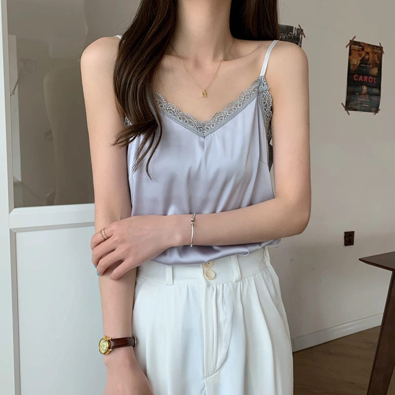 

French Sexy Silk Camisole with Lace for Women 2021 Summer High Fashion Crop Tops Clothing Korean Office Ladies with Suits Vests