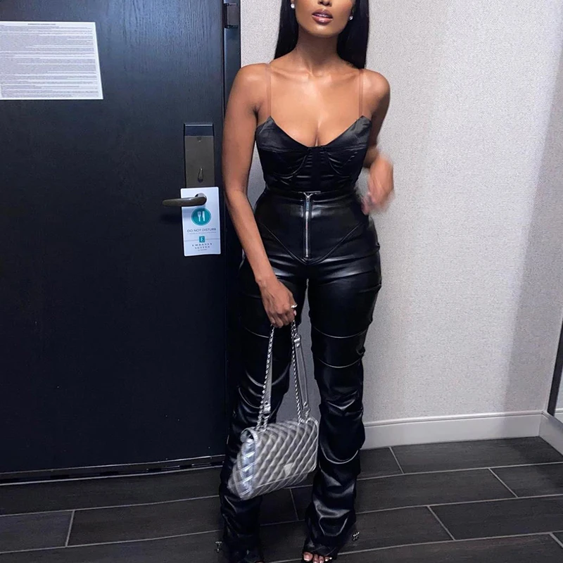 

Folds Drawstring High Waist Straight Pant Women Faux Leather PU Zipper Long Trousers Casual Sexy Club 2021 Female Pants