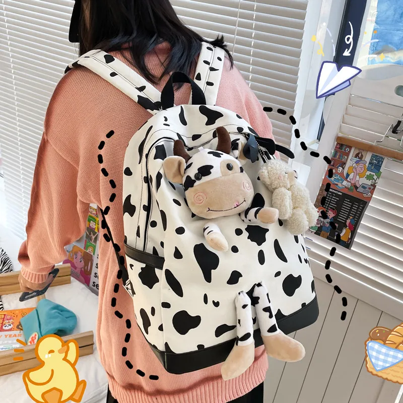 

Schoolbag Girl Korean Style Cow Pattern High School Student Campus Harajuku Backpack Large Capacity Simple Ins Style Backpack