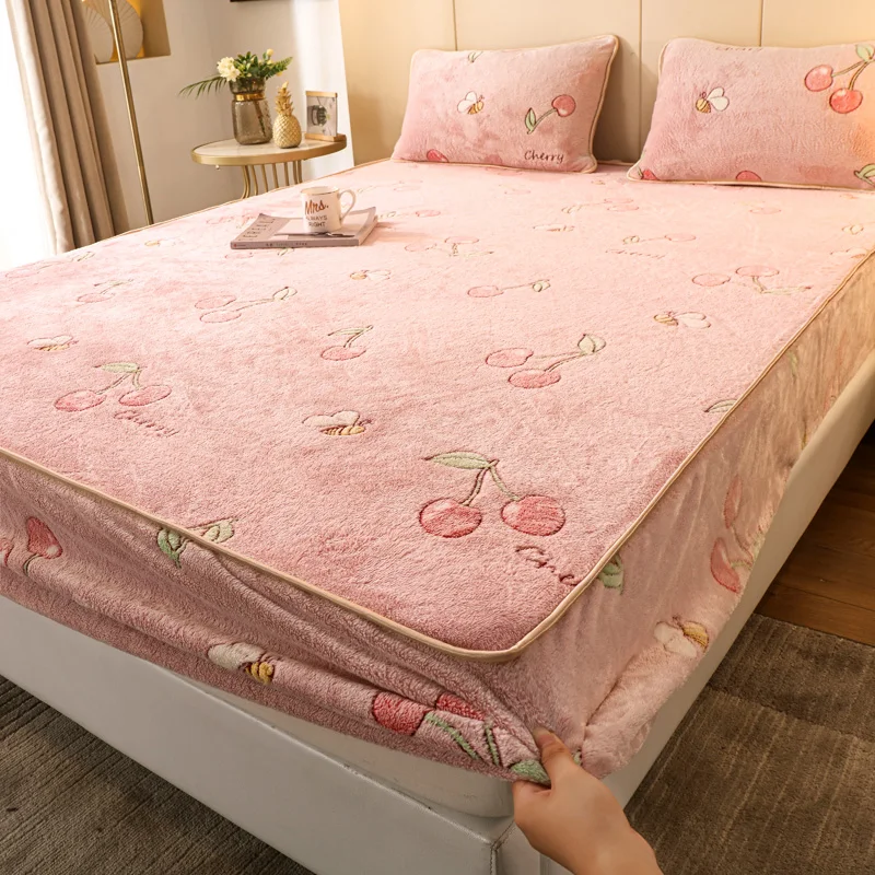 

Bed Sheets Elastic Fitted Sheet Home Coral Fleece Single Double Mattress Cover Winter Warm Bed Sheet 150x200 180x200cm Bedspread