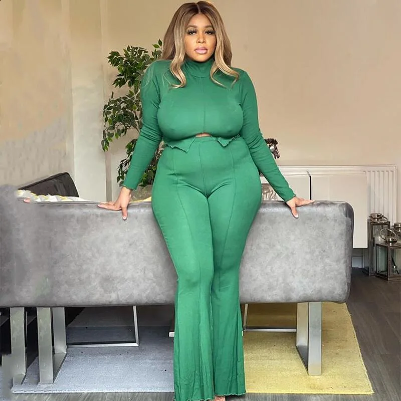 

Plus Size Clothing Two Piece Suit Long Sleeve Crop Top and Pant Outfits Loungewear Ladies Green Sets Wholesale Dropshipping