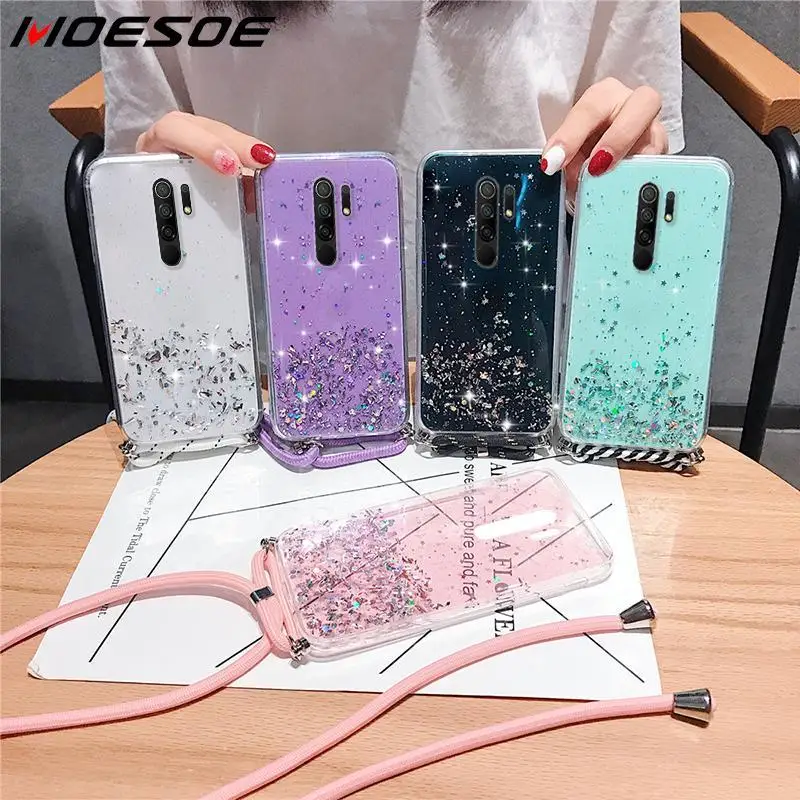

Sparkle Glitter Strap Chain Phone Necklace Lanyard Case For Xiaomi Mi 11 Mi Poco X3 NFC Redmi Note 9 Pro 9s 8 7 Mi 10T Pro Case