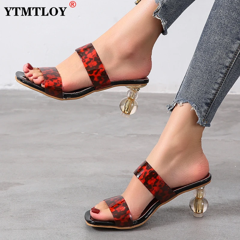 Женские тапочки с леопардовым принтом, смеси цветов, квадратный носок, странный каблук, летняя Уличная обувь