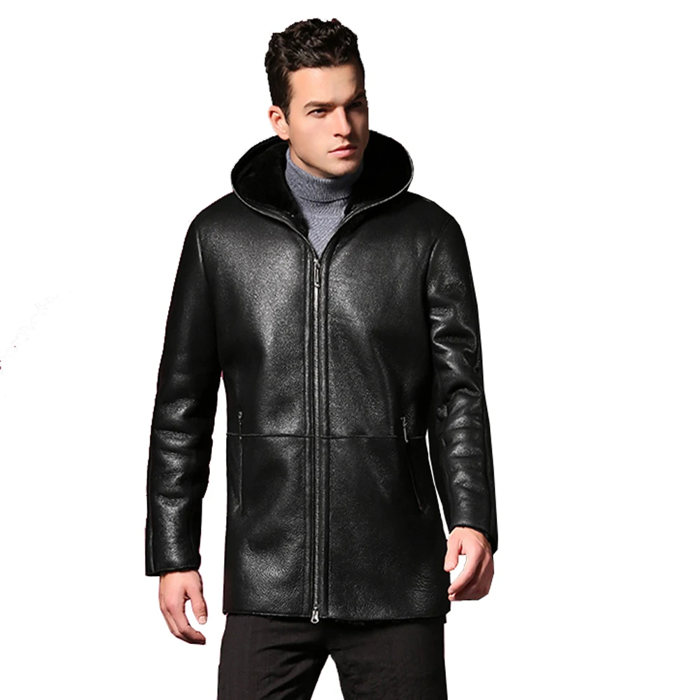 

Real Sheep Fashion Fur Young Men Hood Jacket Genuine Sheep Sheraling Male Formal Winter Jacket Black Warm Men Fur Thick Outwear