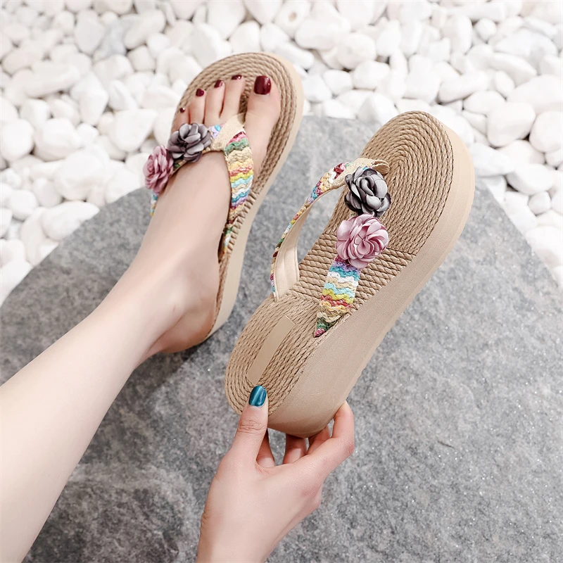 Женские летние тапочки на танкетке модные сандалии из пеньковой веревки с