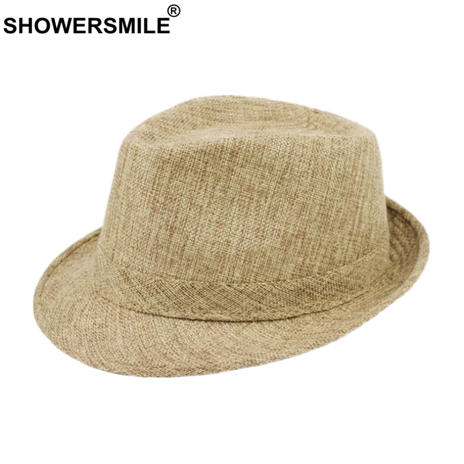 

SHOWERSMILE Men Fedora Hats Classic Solid Linen Jazz Cap Male Khaki Brand British Style Spring Summer Plain Outdoor Beach Hat