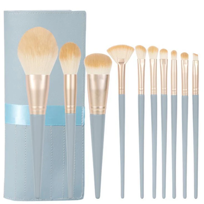 

Saiantth 10pcs blue bridge makeup brushe set cone wood handle eye shadow powder brush fan beauty tool buffer cosmetic blending