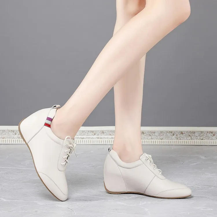 

MLJUESE 2021 Women Pumps Soft Cow leather Autumn Spring Lace up Black color Round toe Wedges heels pumps size 34-42