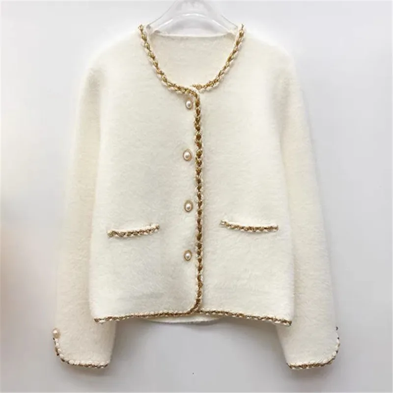 

2021 Autumn Winter New Style Retro Ladies Short Coat Pearl Buckle Imitation Mink Knitted Jacket Women Winter Clothes