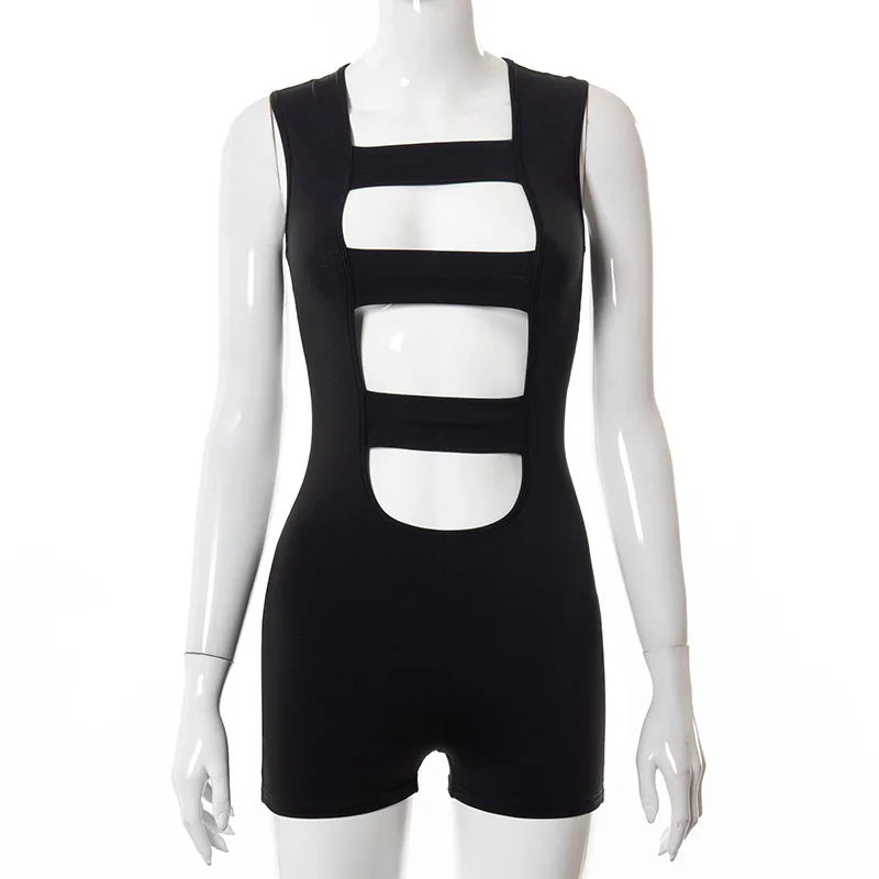 

European and American women's 2021 summer new solid color sleeveless stitching hollow tight shorts jumpsuit women sweatpants