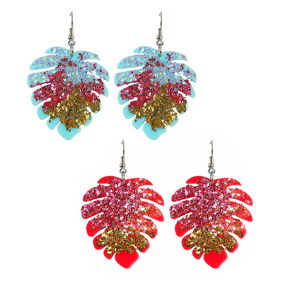 

Bohemian Colorful Glitter Shiny Resin Leaf Dangle Earrings For Women Vintage Acrylic Leaves Drop Earrings Brincos Party Jewelry