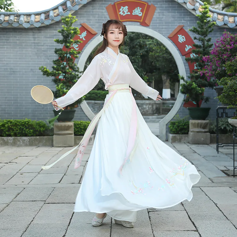 

Free shipping Ancient Style Embroidered cross collar Ru skirt Chiffon jueshen fairy big swing skirt daily Chinese elements set