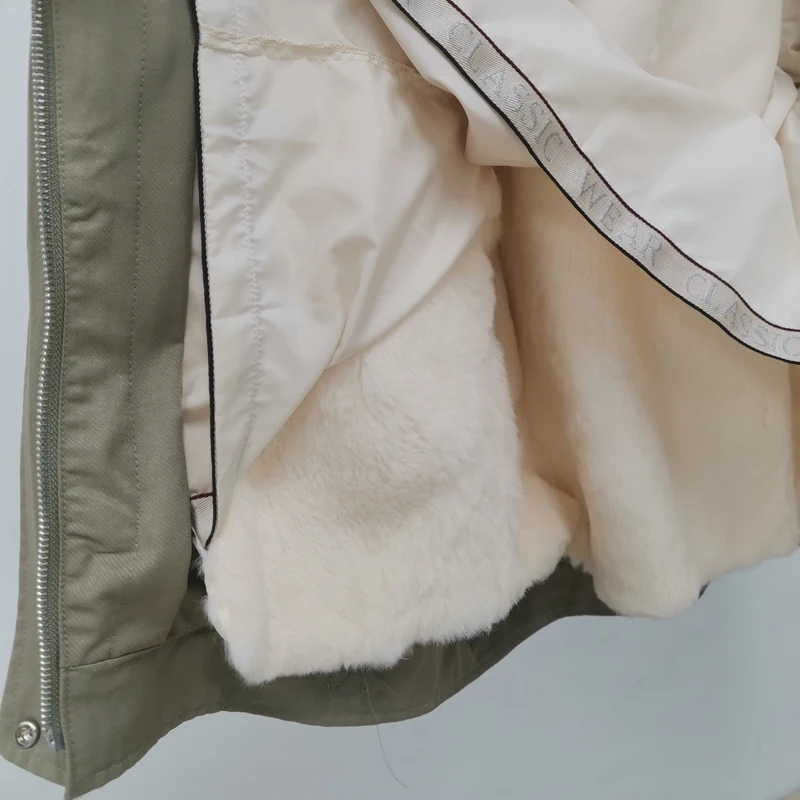 

Women Coat Winter Short Clothes Parka Real Fur Hooded Oversized Collar Thick Warm Letter Pattern Rabbit Fur Liner