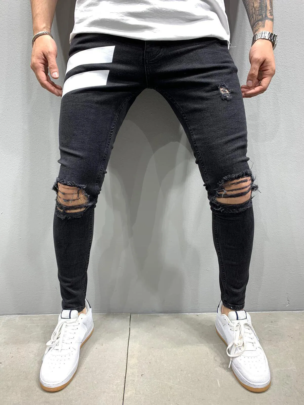 

Pantalones Hombre Jeans Para Hombre New Printed Man Jean Streetwear Pantalon Hombre Stretch Feet Black Ripped Jeans for Men