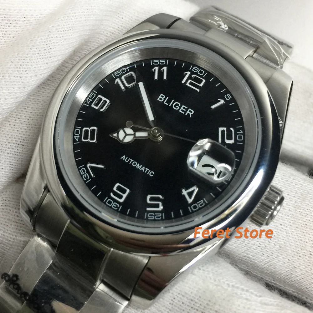 BLIGER 39mm Black Automatic Men Watch 21 Jewels MIYOTA 8215 Movement Sapphire Crystal Steel Band Date Display