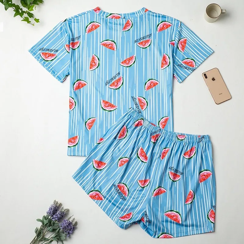 4XL Plus Size Women Summer Nice Pajama Sets Watermelon Printing Short Sleeve Pajamas Soft Pijamas Sleepwear Autumn Homewear