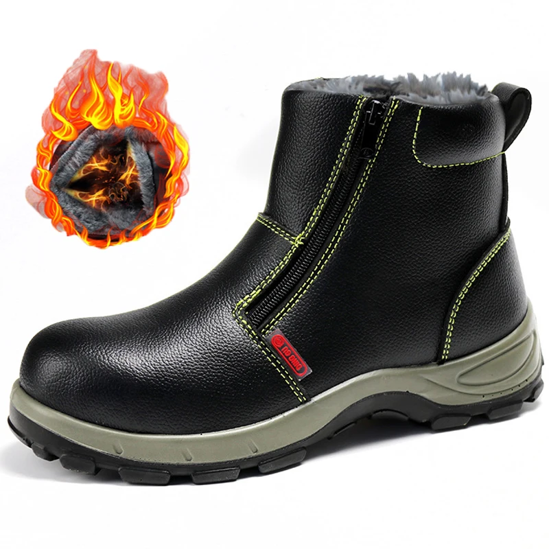 Кожаные рабочие ботинки безопасная обувь со стальным носком плюшевые теплые