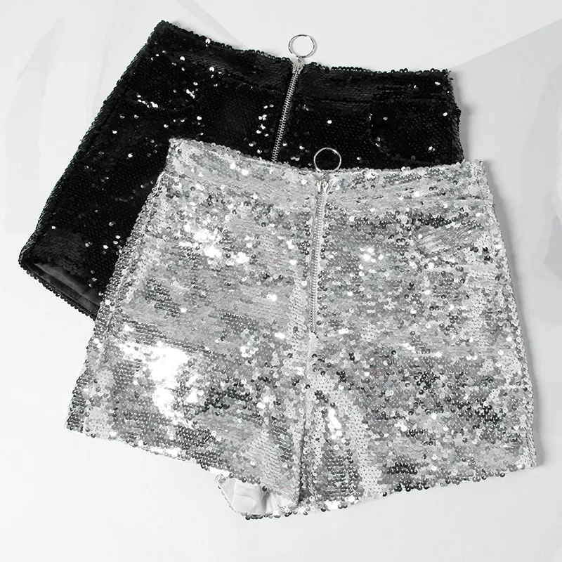 

High Waist O-Ring Zip Bodycon Shorts Women Silver Shiny Sexy Fashion Sequin Shorts Skinny Party Club Raves Pole Dance Shorts New
