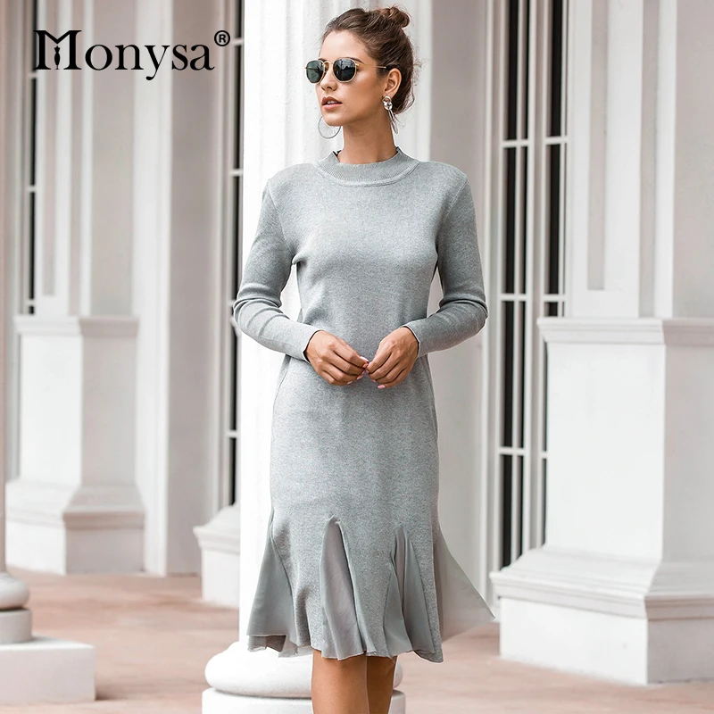 Женское трикотажное платье с длинным рукавом серое повседневное свободное до