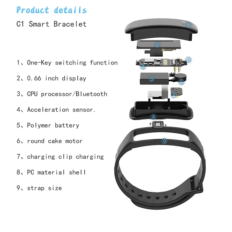 C1S Blood Pressure Heart Rate Monitor Smart Watch Sport Bracelet Fitness Tracker 0.96 Inch Full Functioning for Android Ios | Электроника
