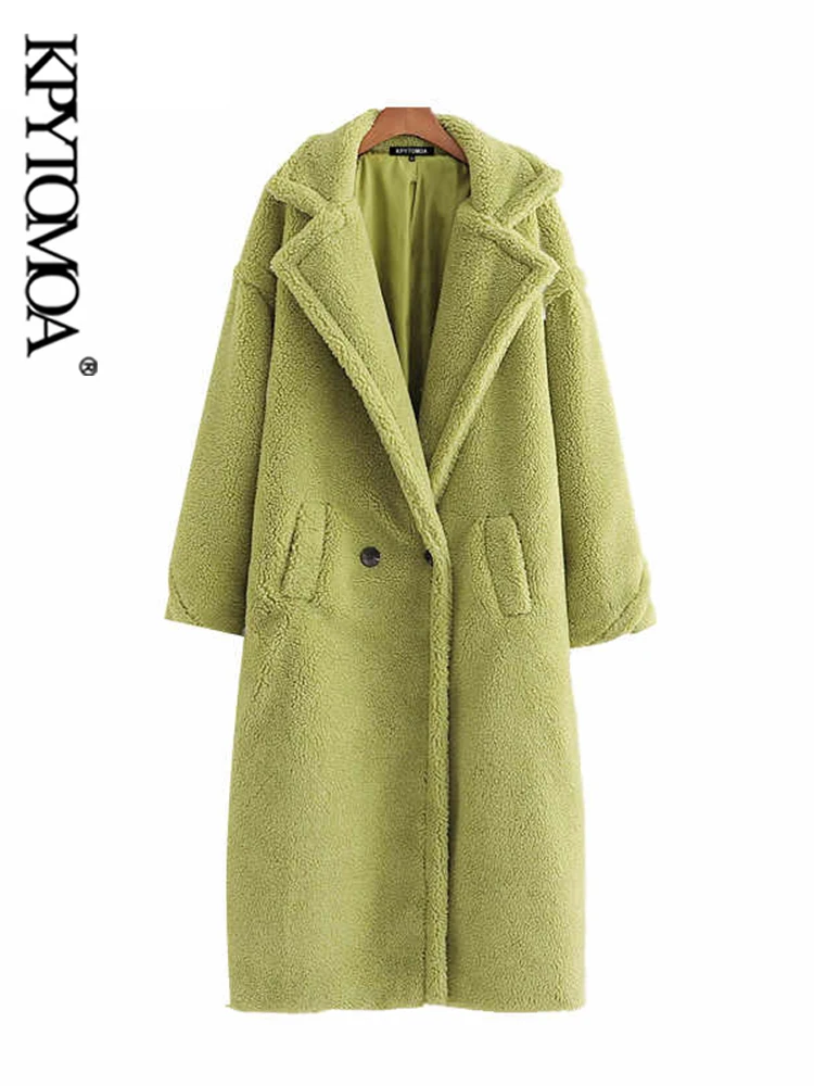 KPYTOMOA Women Fashion Thick Winter Warm Faux Fur Teddy Coat Women Vintage Long Sleeve Pockets Female Outerwear Chic Overcoat
