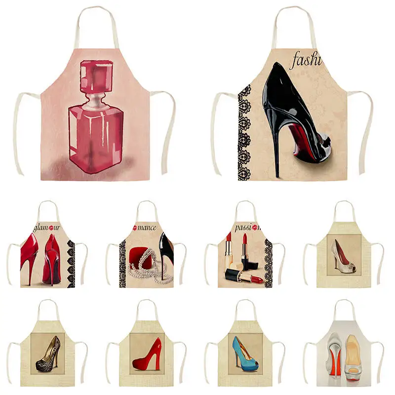 

Linen Beautiful High Heels Perfume Print Kitchen Aprons Unisex Dinner Party Cooking Bib Funny Pinafore Cleaning Apron WQC286