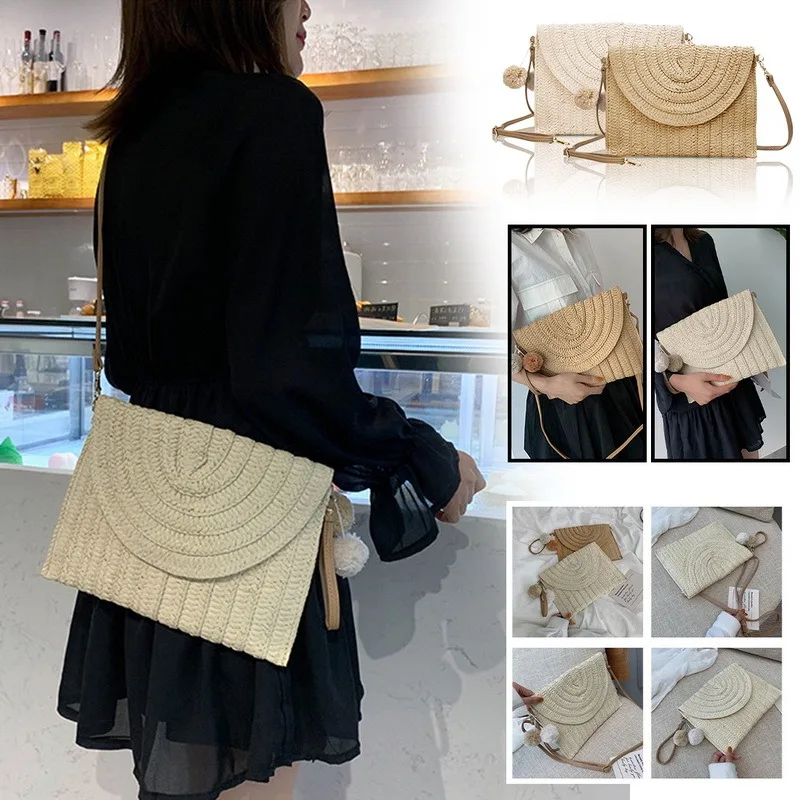 

2021 Summer Women Crossbody Shoulder Bag Knitted Straw Messenger Satchel Handbag Bucket Bag Women Handmade Straw Beach Bag Hot