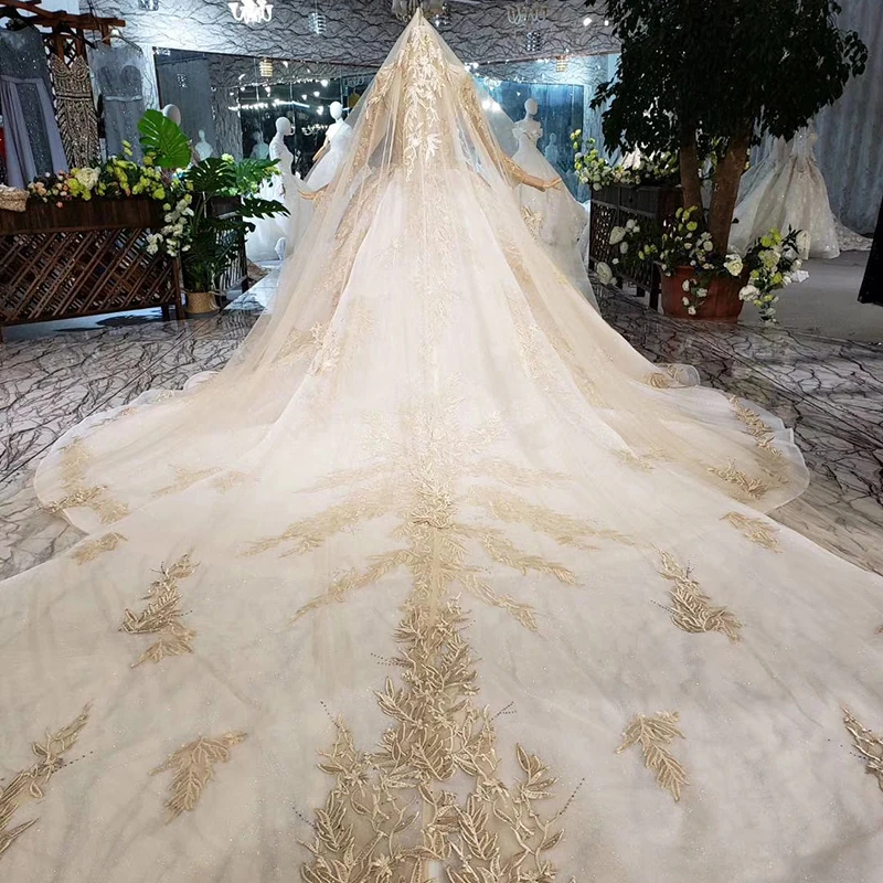 LS11555 Luxury Wedding Dress With Veil Backless Handmade Champagne Golden Lace Bridal Gown Long Train | Свадьбы и торжества