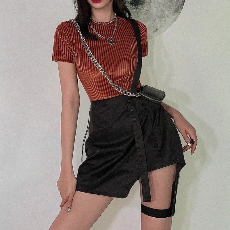 Женская Повседневная мини-юбка с поясом готическая Черная Асимметричная юбка