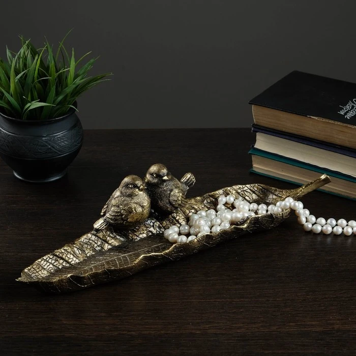 Подставка под мелочи &quotЛист с птичками&quot золото 41х11х9см 4241525|Упаковка и стойки