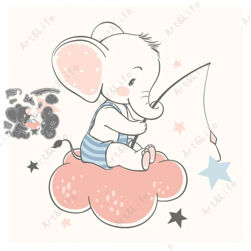 

DIY Scrapbooking Pink Cartoon Baby Elephant Fishing 2022 New Metal Cutting Dies Stencils Album Birthday Cards Embossing Cut Die