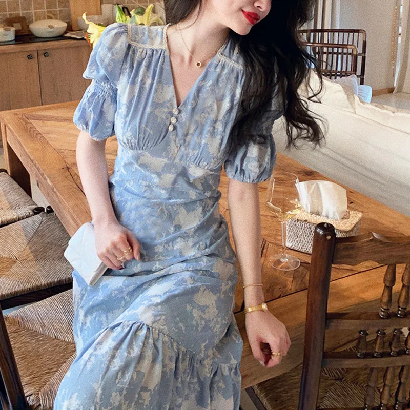 

V-Neck Floral Printed Dress 2021 Summer For Females Korean Style Casual Women Short Sleeve Elegant Vintage Dress Beach Dresses