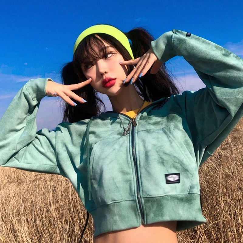 

Zip Up Hoodies Kawaii Women Casual Green Tie Dye Y2k Grunge Coats Jackets Harajuku Streetwear Women Sweatshirts goth blackpink