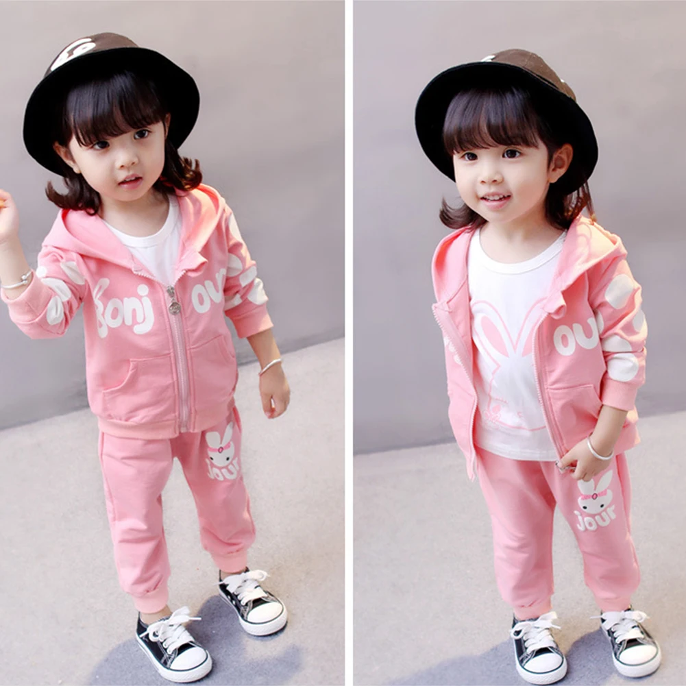 

Girls Long Sleeve Rabbit Print Hooded Coat Soft T-shirt Pants Spring Autumn Comfortable Daily Round Neck Baby Clothes Set