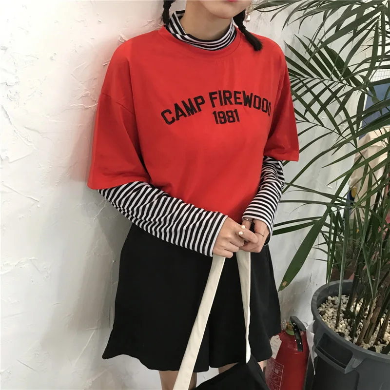 LERFEY Women T-shirts Tunic Korean Harajuku Vintage Striped Long Sleeve T-shirt Female Ulzzang Patchwork Tees Casual Loose Tops | Женская