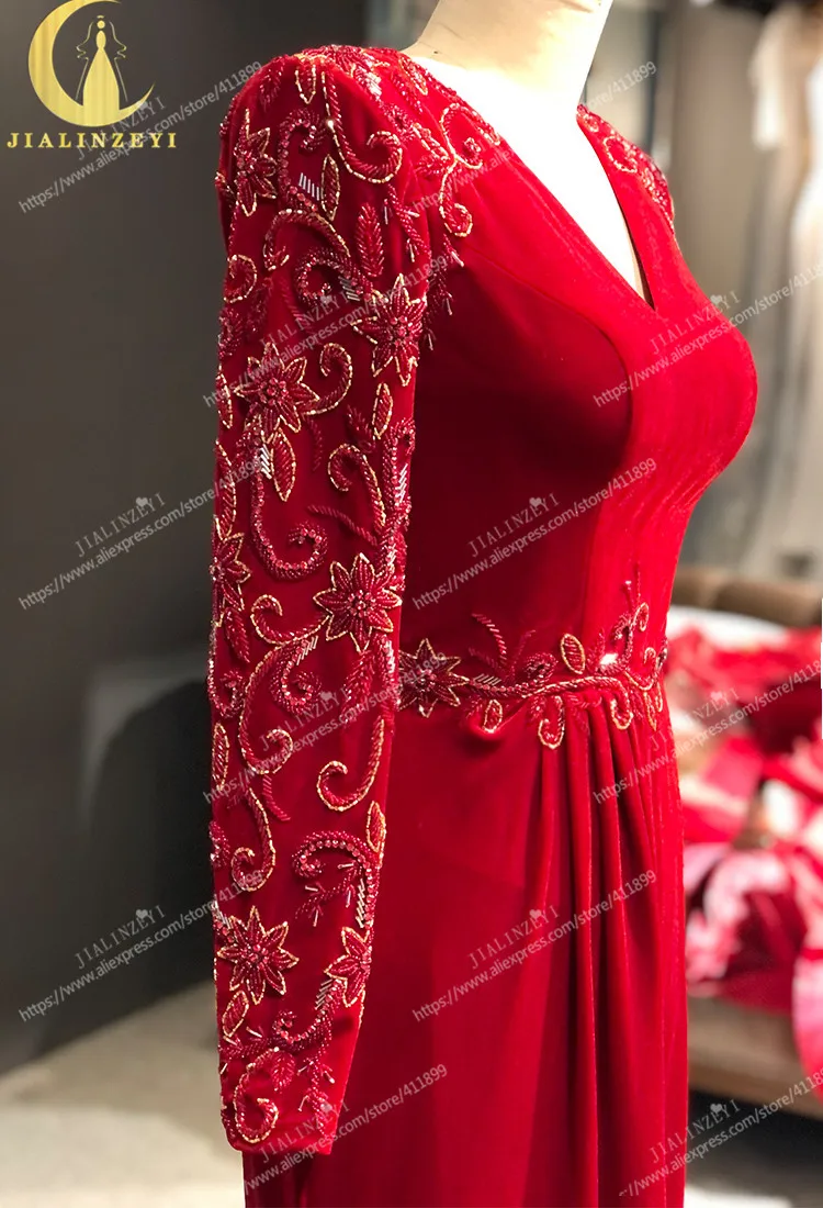 Rhine real Pictures Red Velevt Long Sleeves V Neck Floor Length Arabic платье 2021 Evening Dresses Long