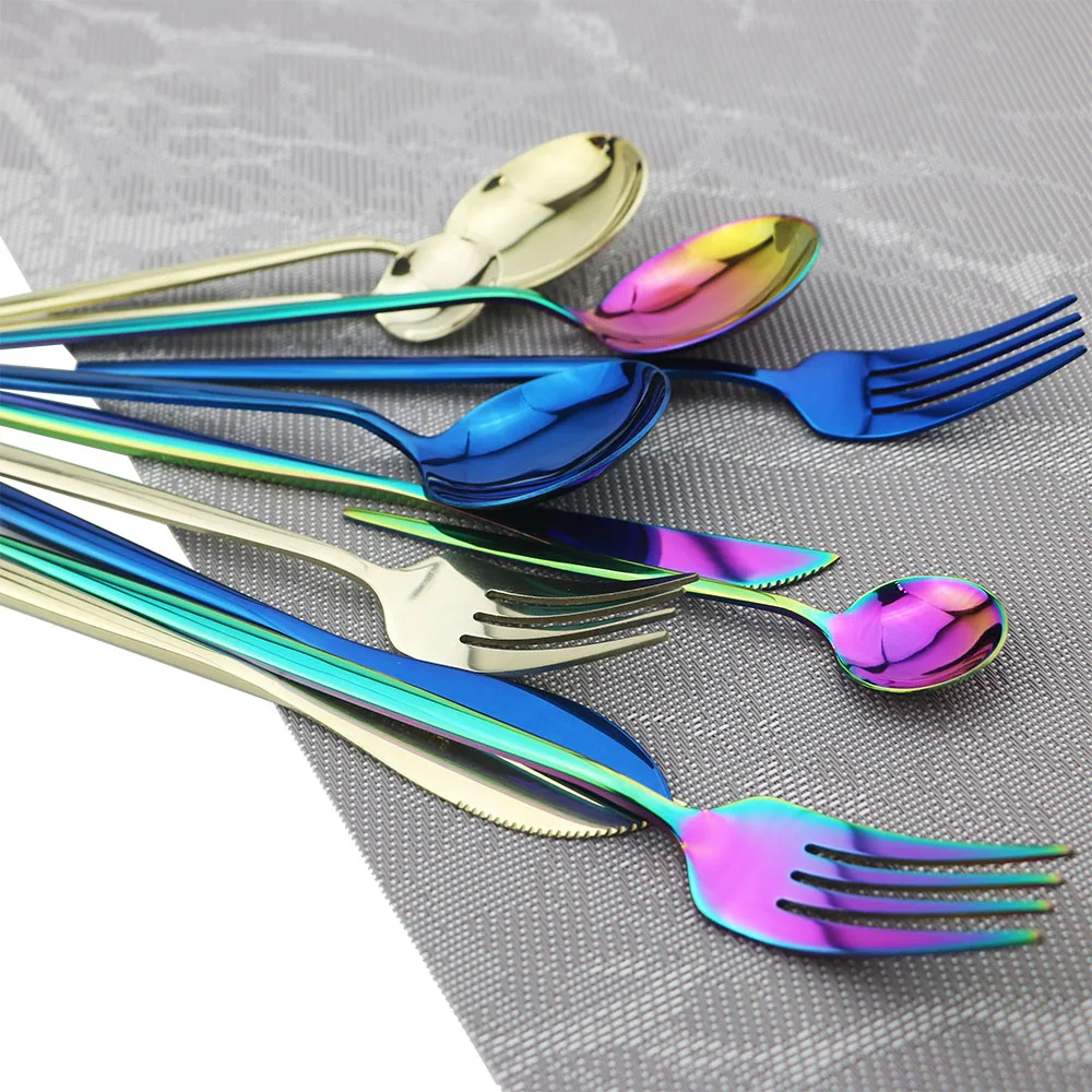 24 шт. красочные радужные золотые столовые приборы набор посуды из нержавеющей