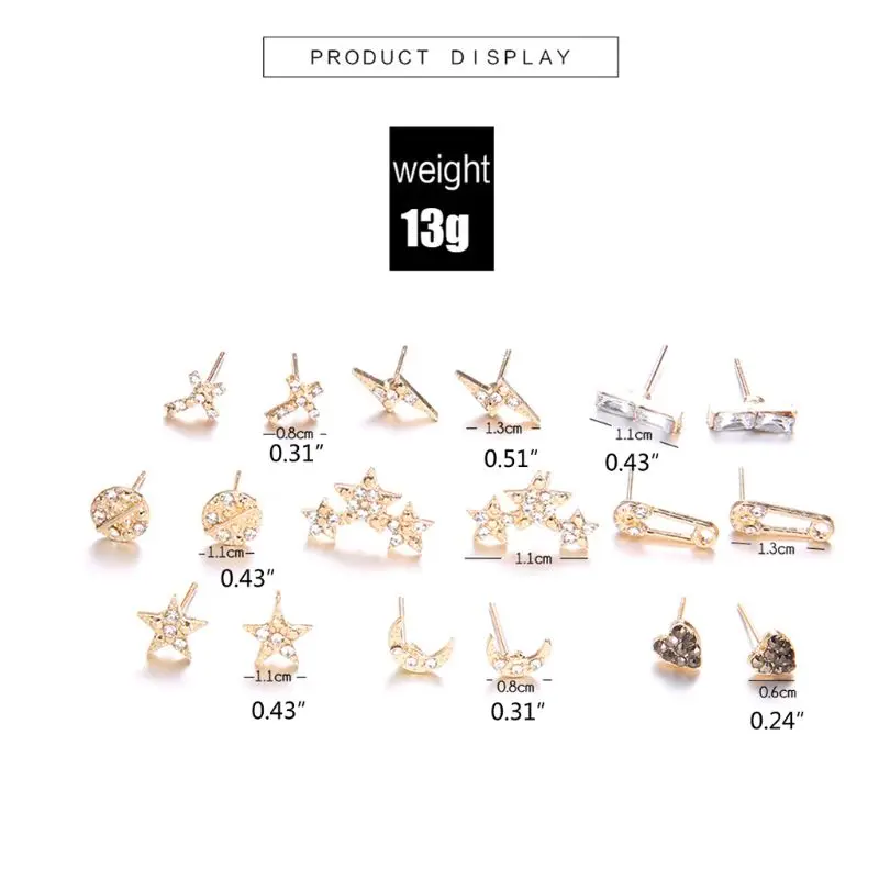 

9Pcs Bohemian Cross Heart Stars Moon Gold Square Earring Honeymoon Crystal Stud Earrings Kit for Women Fashion Jewelry