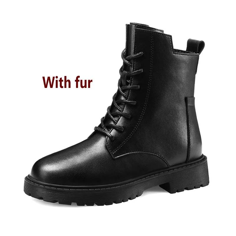 

Winter Women Ankle Boots Black Leather 2021 Fashion Autumn Warm Fur Motorcycle Non Slip Waterproof Female Platform Boots Shoes