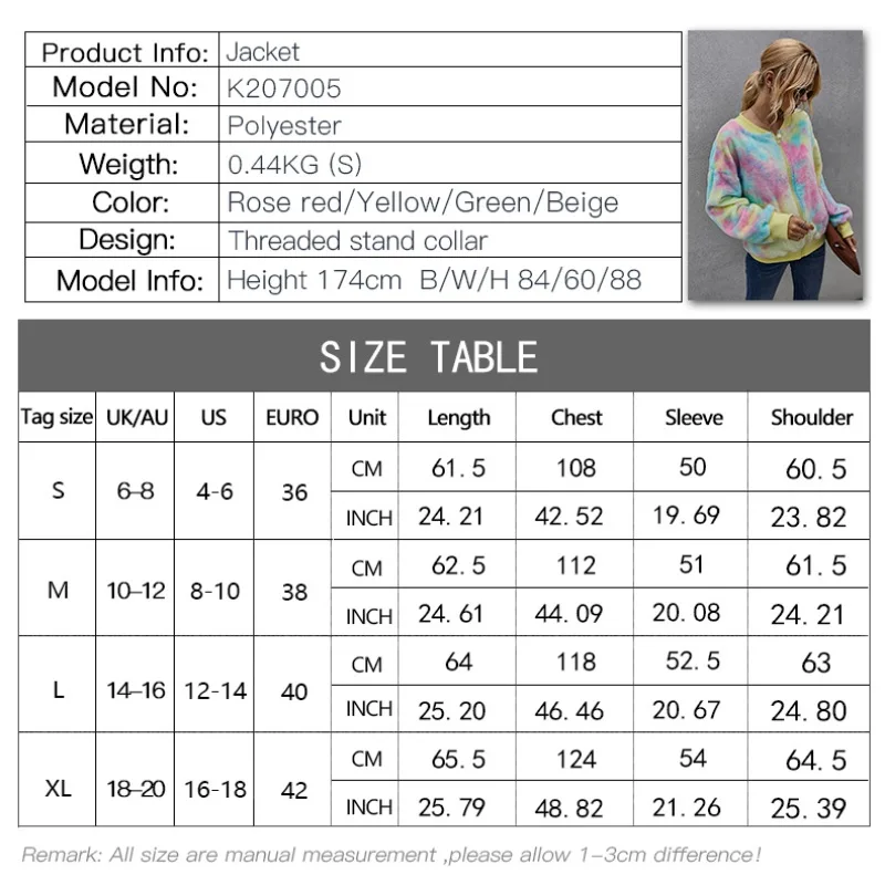 

Long Sleeve Zipper Jacket Coat Women's Colorful Plush Jacket With Pockets Stand CollarLoose Casual Coat