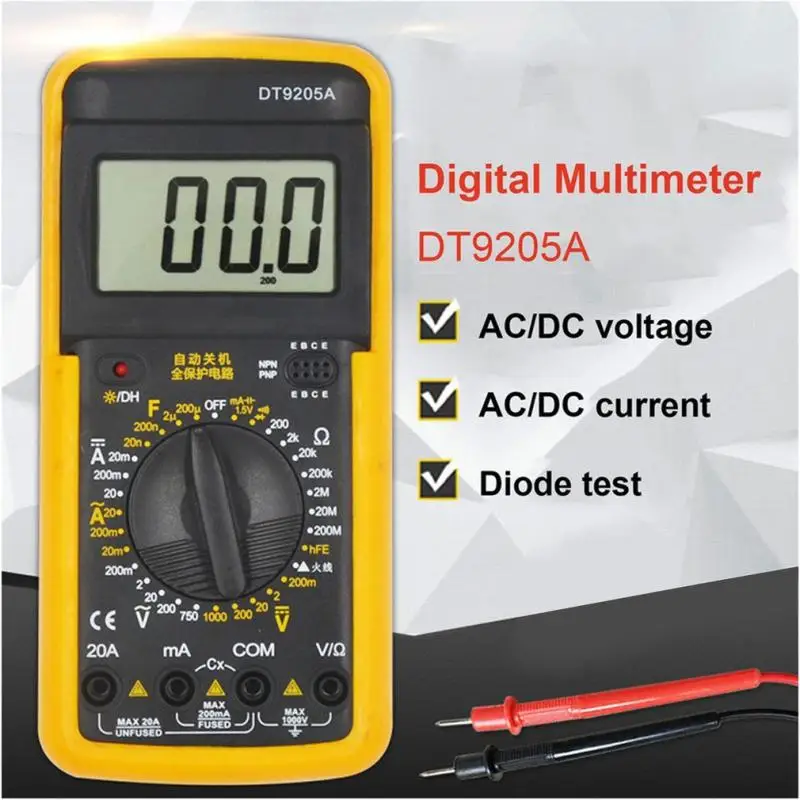 

Dreamburgh DT9205A Digital Multimeter AC/DC LCD Display Electric Handheld Ammeter Voltmeter Resistance Capacitance hFE Tester