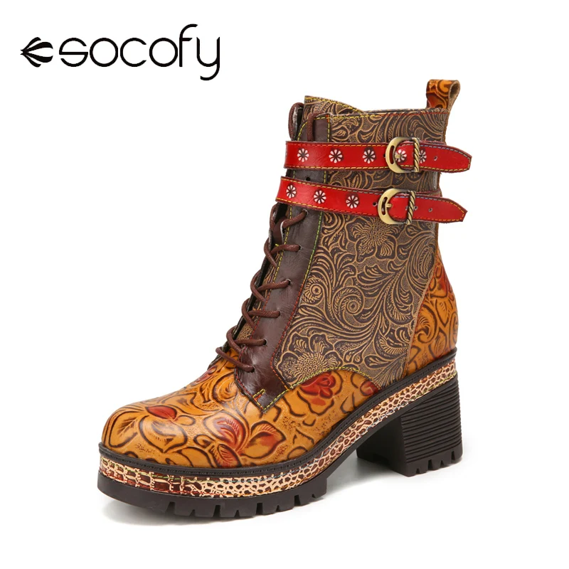 

SOCOFY Vintage Women's Shoes Floral Embossed Genuine Leather Double Buckle Warm Lining Casual Platform Chunky Heel Short Boots