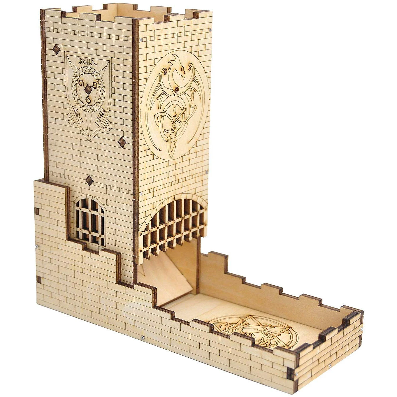 Torre de dados del castillo con bandeja, rodillo f&aacute;cil de tallar de drag&oacute;n cortado con l&aacute;ser de madera, Perfecto para juegos de mesa, D & D y RPG-0