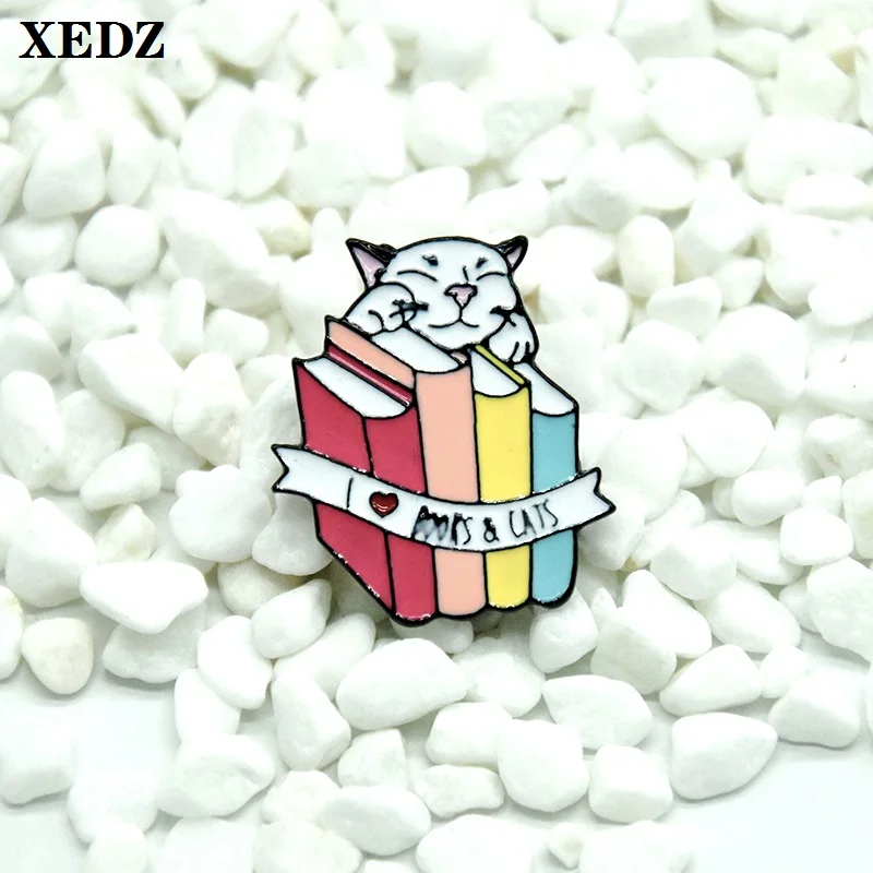 

XEDZ reading books sleeping cat enamel pin BOOK & CAT color cute cartoon cat lapel pushpin punk brooch jewelry gift for children