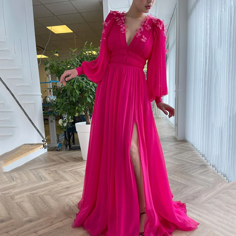 

UZN Chiffon Prom Dress A-Line V-Neck Long Puffy Sleeves Butterfly Evening Gowns Saudi Arabia Evening Dress Custom Made