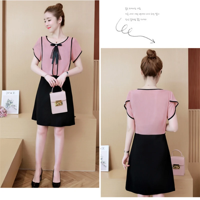 

2021 New Plus Size L-5XL Fashion Pink Red White Splicing Chiffon Loose Midi Dress for Women Summer Office Lady Casual Clothes