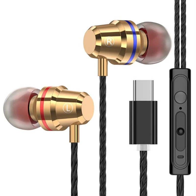 Glod Тип C HiFi USB-C наушники-вкладыши динамический привод музыка наушники Бас Металл для Xiaomi huawei samsung спорт игровая гарнитура с микрофоном - Цвет: Glod