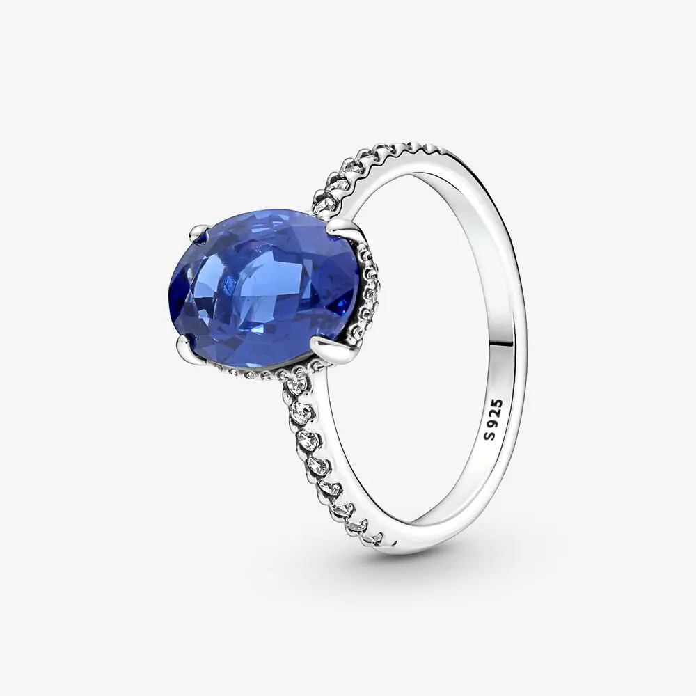 

925 Sterling Silver Sparkling Statement Halo Ring with Blue Cz Fashion Pandora Style Jewelry Ring For Women