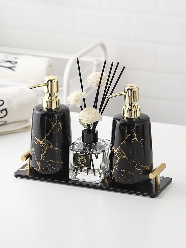 

Nordic bathroom supplies golden marble pattern ceramic lotion bottle tray aromatherapy bottle bathroom decoration accessories